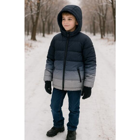 Boys XL Blue Ombre Puffer Jacket Hooded Zip Pockets Winter Coat 100% Polyester - Picture 8 of 8